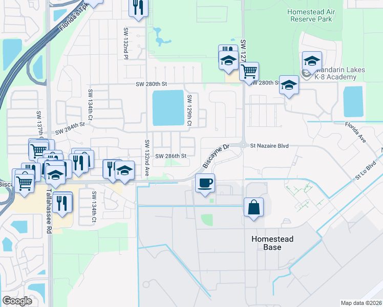 map of restaurants, bars, coffee shops, grocery stores, and more near 12905 Southwest 286th Street in Homestead