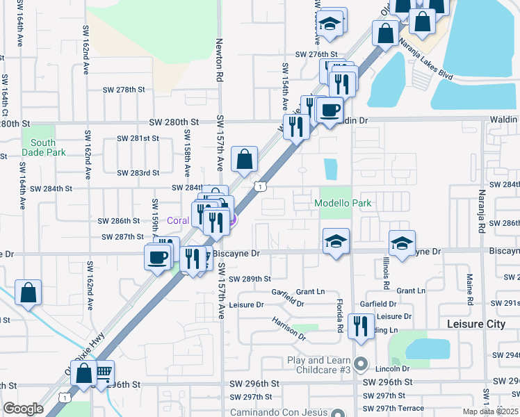 map of restaurants, bars, coffee shops, grocery stores, and more near 15440 Southwest 284th Street in Homestead