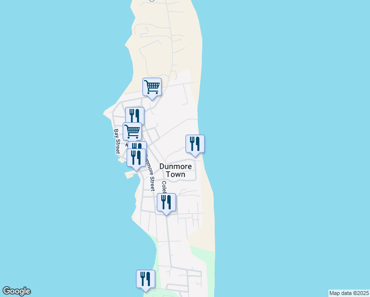 map of restaurants, bars, coffee shops, grocery stores, and more near Colebrook Street in Dunmore Town