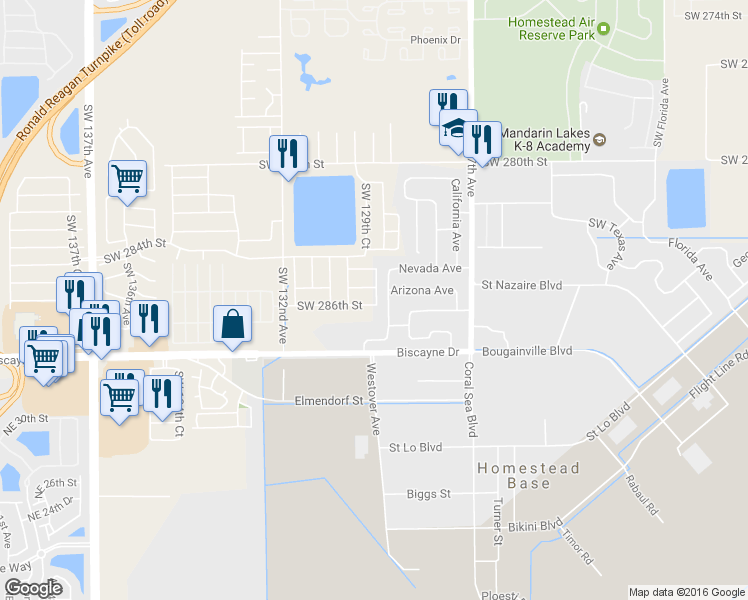 map of restaurants, bars, coffee shops, grocery stores, and more near 12905 Southwest 286th Street in Homestead
