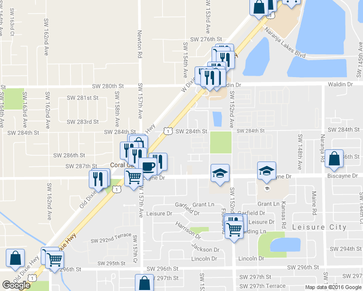 map of restaurants, bars, coffee shops, grocery stores, and more near 15440 Southwest 284th Street in Homestead