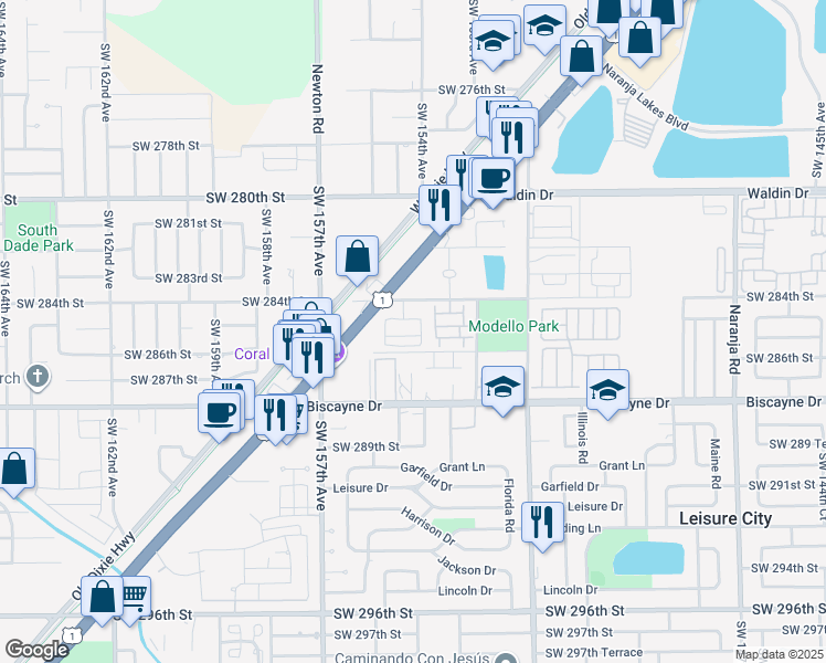 map of restaurants, bars, coffee shops, grocery stores, and more near 15440 Southwest 284th Street in Homestead