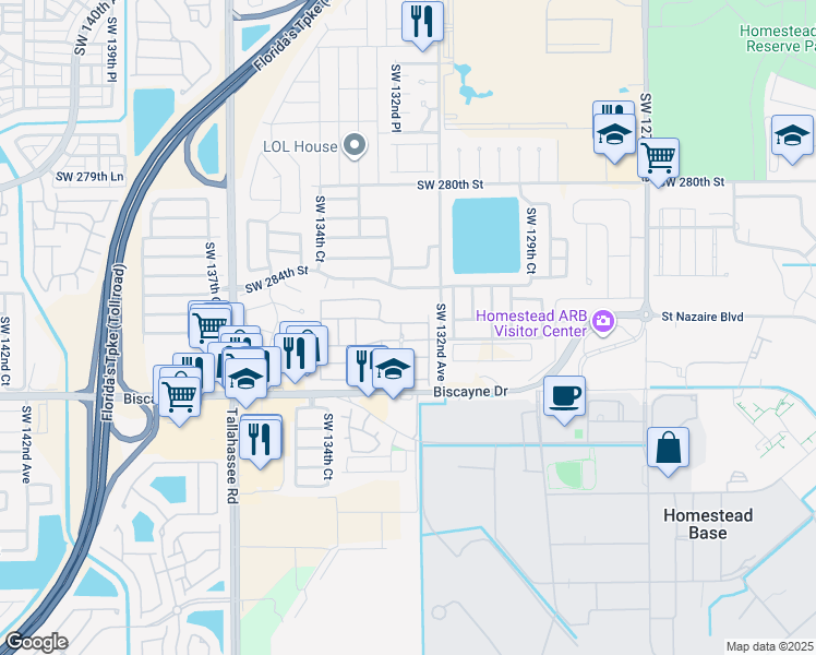 map of restaurants, bars, coffee shops, grocery stores, and more near 28600 Southwest 132nd Avenue in Homestead