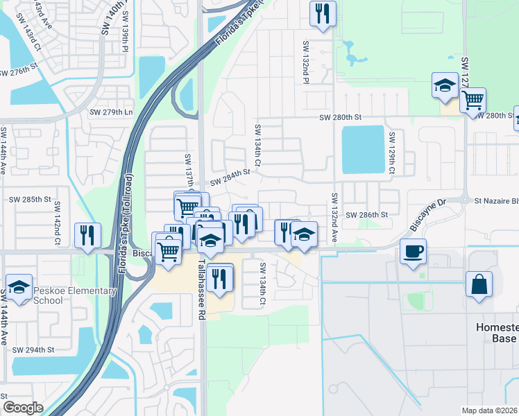 map of restaurants, bars, coffee shops, grocery stores, and more near 13549 Southwest 287th Terrace in Homestead