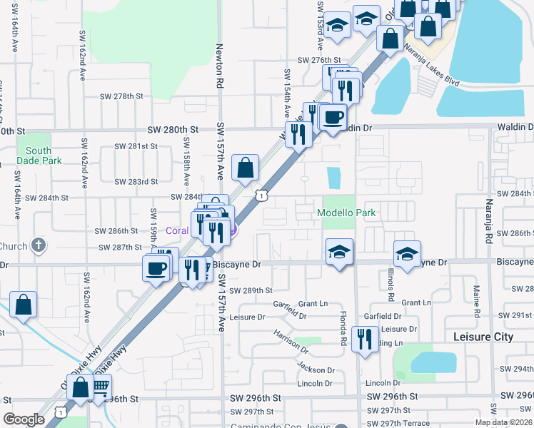 map of restaurants, bars, coffee shops, grocery stores, and more near 15440 Southwest 284th Street in Homestead