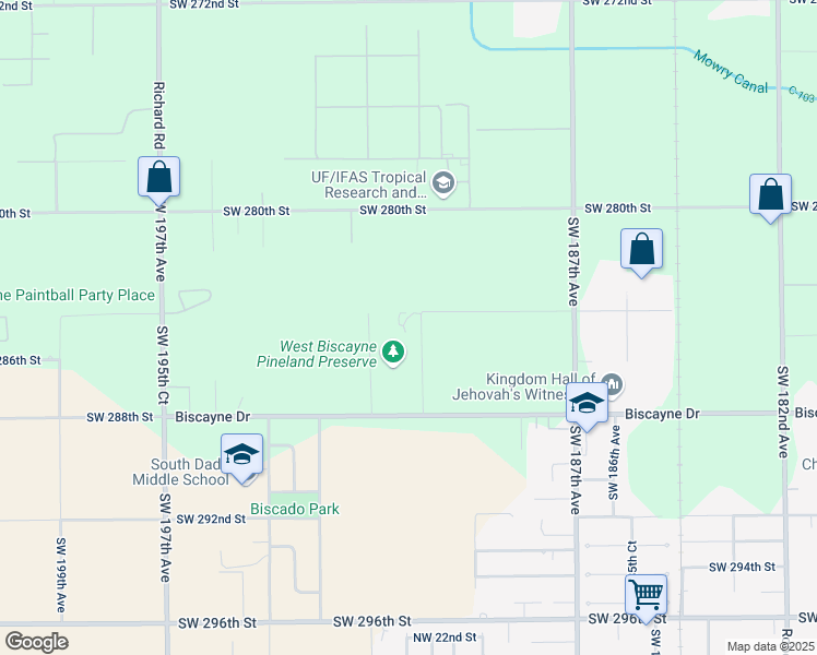 map of restaurants, bars, coffee shops, grocery stores, and more near 19050 Southwest 284th Street in Homestead