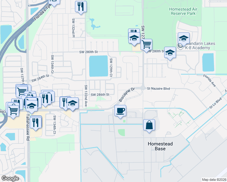 map of restaurants, bars, coffee shops, grocery stores, and more near 12905 Southwest 286th Street in Homestead