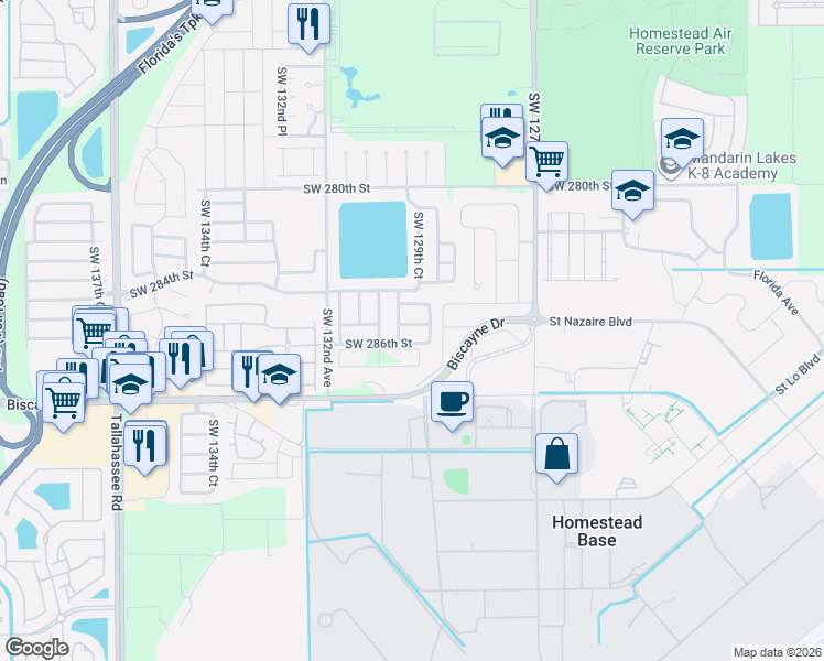 map of restaurants, bars, coffee shops, grocery stores, and more near 28574 Southwest 129th Place in Homestead