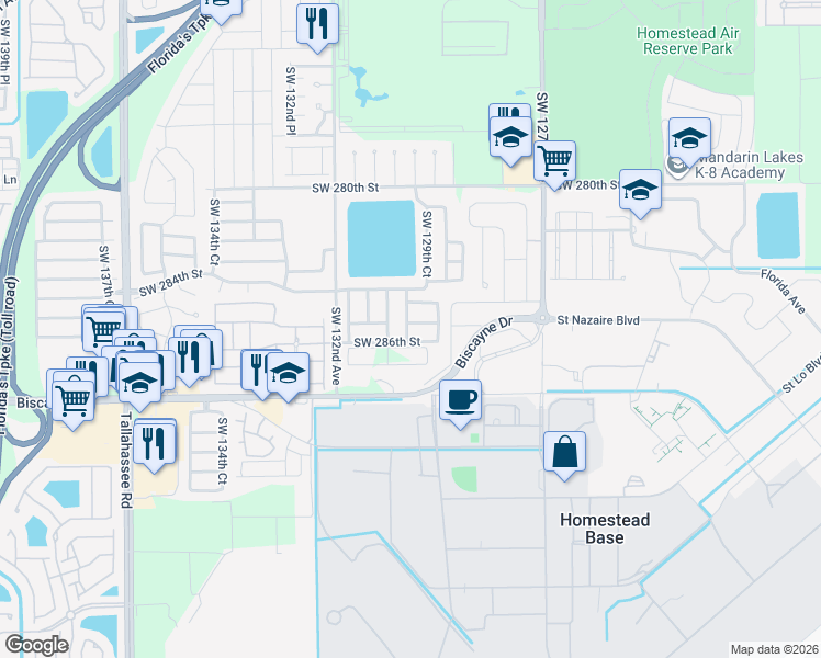 map of restaurants, bars, coffee shops, grocery stores, and more near 28574 Southwest 129th Place in Homestead