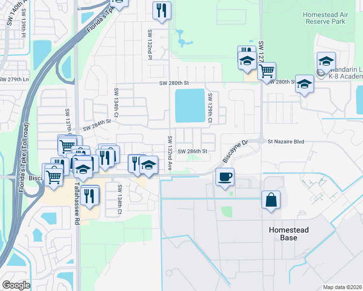 map of restaurants, bars, coffee shops, grocery stores, and more near 13059 Southwest 286th Street in Homestead