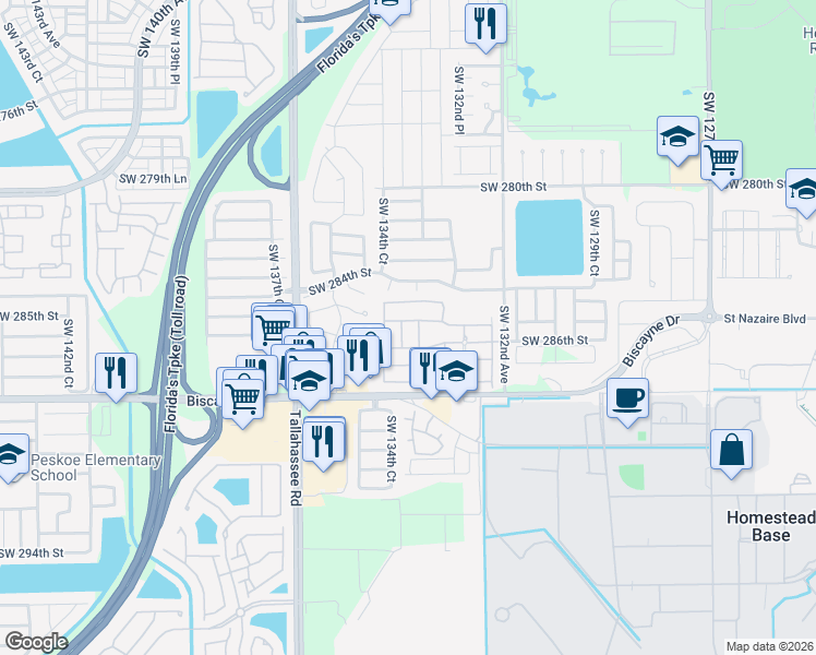 map of restaurants, bars, coffee shops, grocery stores, and more near 28600 Southwest 132nd Avenue in Homestead