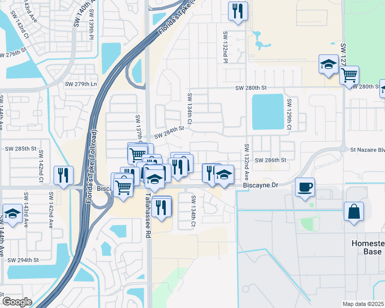 map of restaurants, bars, coffee shops, grocery stores, and more near 13549 Southwest 287th Terrace in Homestead