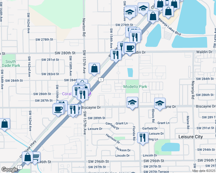 map of restaurants, bars, coffee shops, grocery stores, and more near 15440 Southwest 284th Street in Homestead