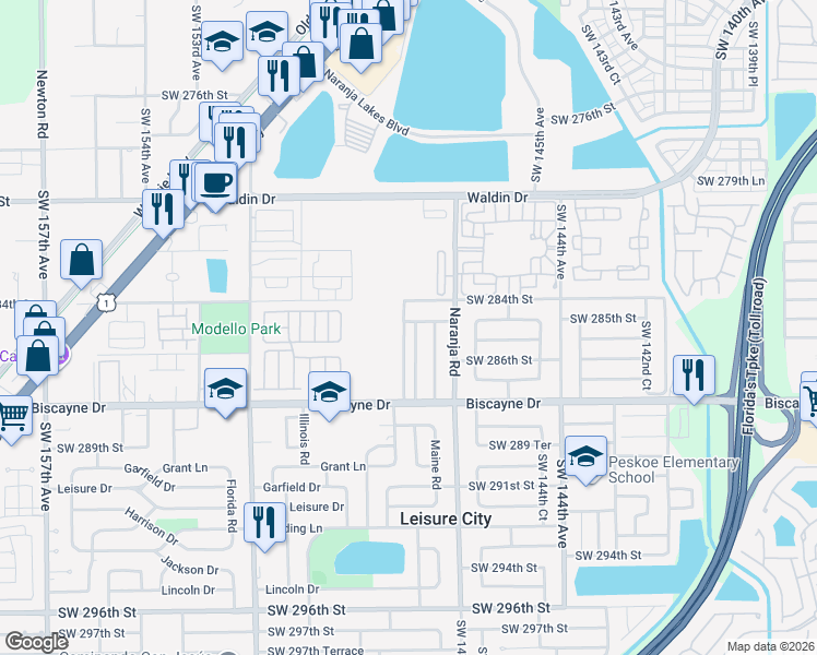 map of restaurants, bars, coffee shops, grocery stores, and more near 28532 Southwest 147th Court in Homestead