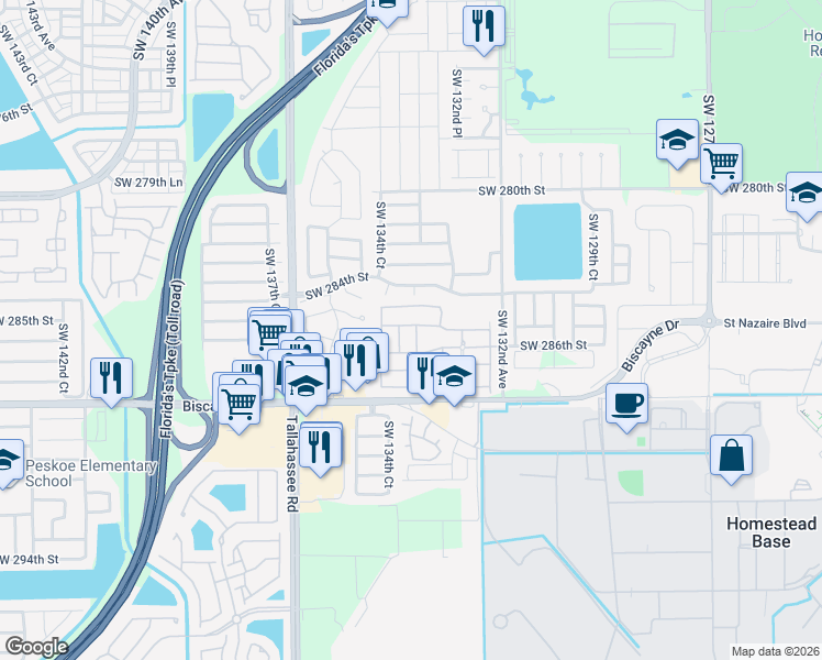 map of restaurants, bars, coffee shops, grocery stores, and more near 28600 Southwest 132nd Avenue in Homestead