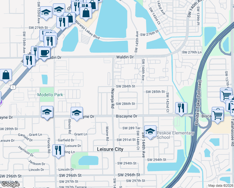 map of restaurants, bars, coffee shops, grocery stores, and more near 28581 Southwest 147th Avenue in Homestead