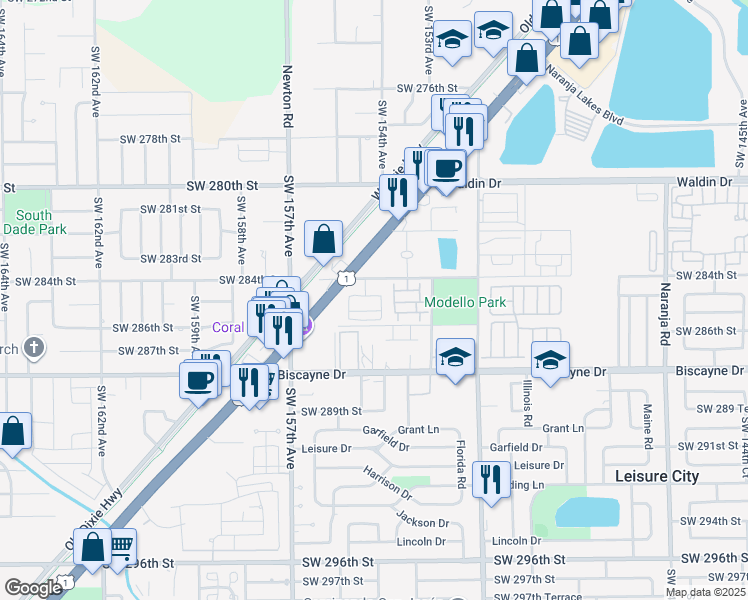 map of restaurants, bars, coffee shops, grocery stores, and more near 15440 Southwest 284th Street in Homestead