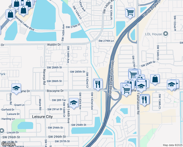map of restaurants, bars, coffee shops, grocery stores, and more near 28451 Southwest 142nd Avenue in Homestead