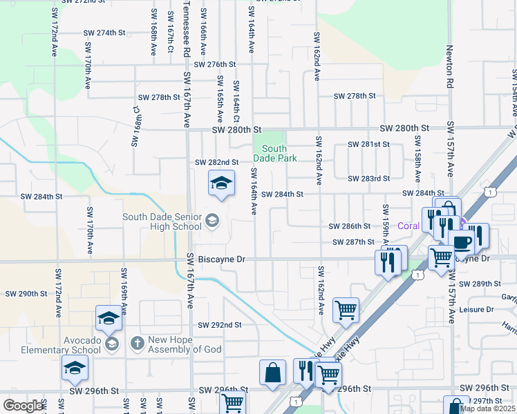 map of restaurants, bars, coffee shops, grocery stores, and more near 28531 Southwest 164th Avenue in Homestead