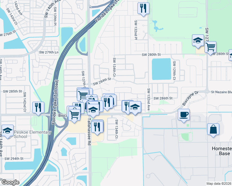 map of restaurants, bars, coffee shops, grocery stores, and more near 28426 Southwest 134th Court in Homestead