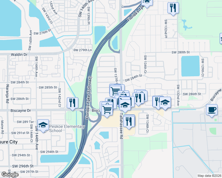 map of restaurants, bars, coffee shops, grocery stores, and more near 13730 Southwest 284th Street in Homestead