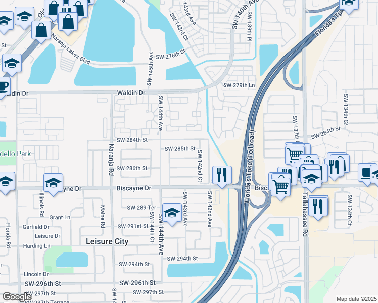 map of restaurants, bars, coffee shops, grocery stores, and more near 14290 Southwest 284th Street in Homestead