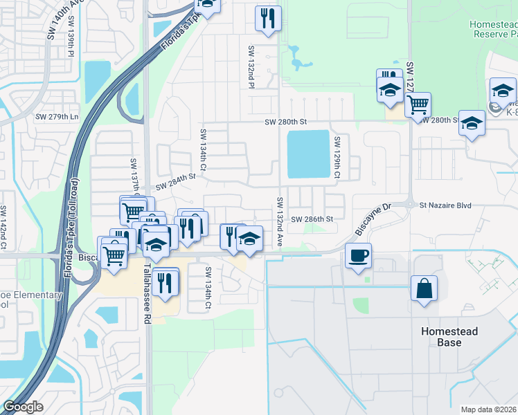 map of restaurants, bars, coffee shops, grocery stores, and more near 13281 Southwest 284th Street in Homestead