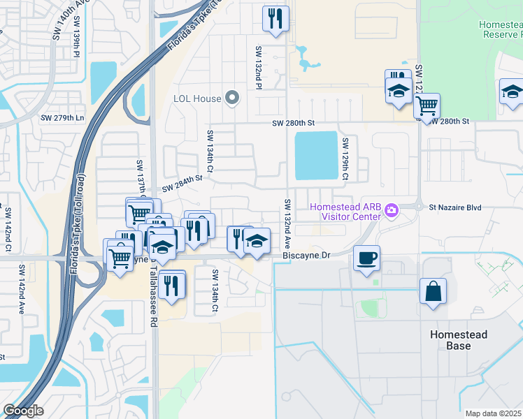 map of restaurants, bars, coffee shops, grocery stores, and more near 13281 Southwest 284th Street in Homestead