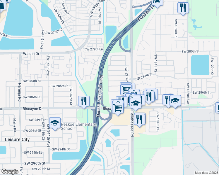 map of restaurants, bars, coffee shops, grocery stores, and more near 13840 Southwest 284th Street in Homestead