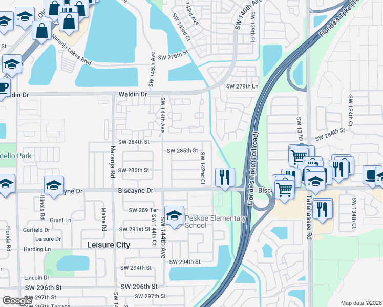 map of restaurants, bars, coffee shops, grocery stores, and more near 14290 Southwest 284th Street in Homestead