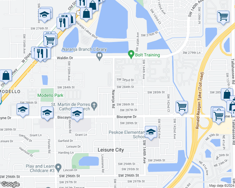 map of restaurants, bars, coffee shops, grocery stores, and more near 28401 Southwest 147th Avenue in Homestead