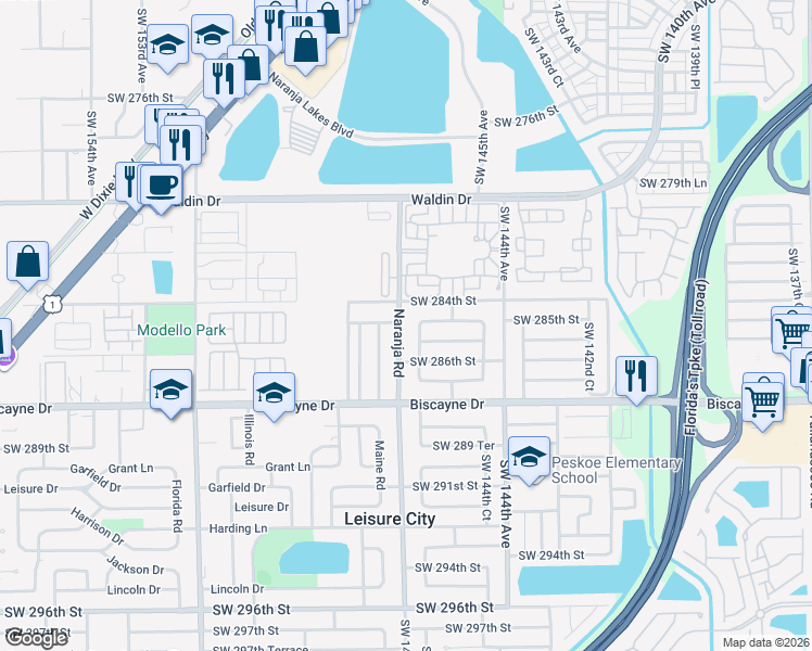 map of restaurants, bars, coffee shops, grocery stores, and more near 28401 Southwest 147th Avenue in Homestead