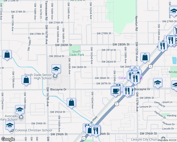 map of restaurants, bars, coffee shops, grocery stores, and more near 16243 Southwest 284th Street in Homestead