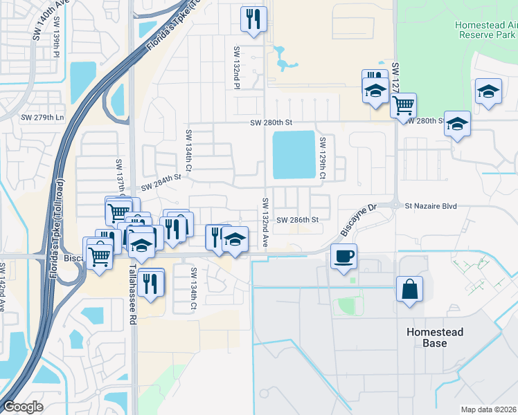 map of restaurants, bars, coffee shops, grocery stores, and more near 28444 Southwest 131st Court in Homestead