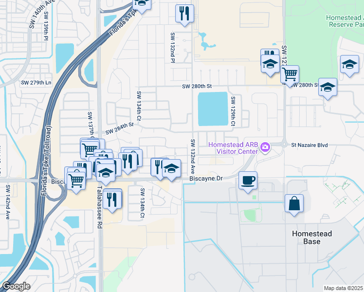 map of restaurants, bars, coffee shops, grocery stores, and more near 13241 Southwest 285th Street in Homestead