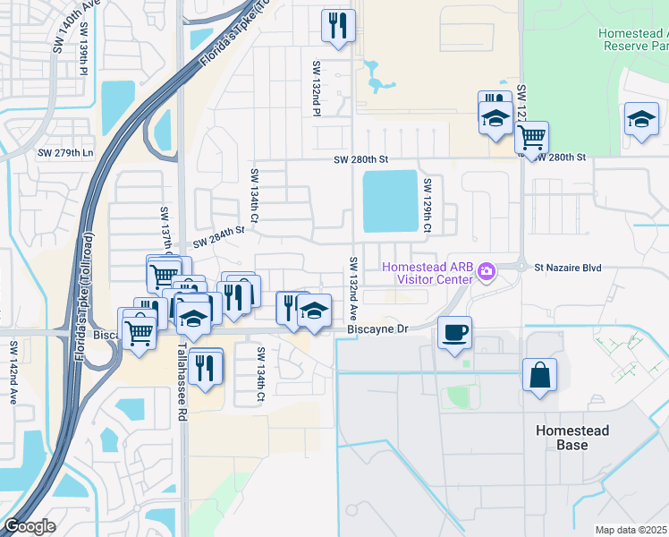 map of restaurants, bars, coffee shops, grocery stores, and more near 13241 Southwest 285th Street in Homestead