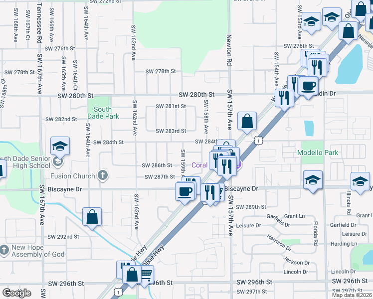 map of restaurants, bars, coffee shops, grocery stores, and more near 15885 Southwest 285th Street in Homestead