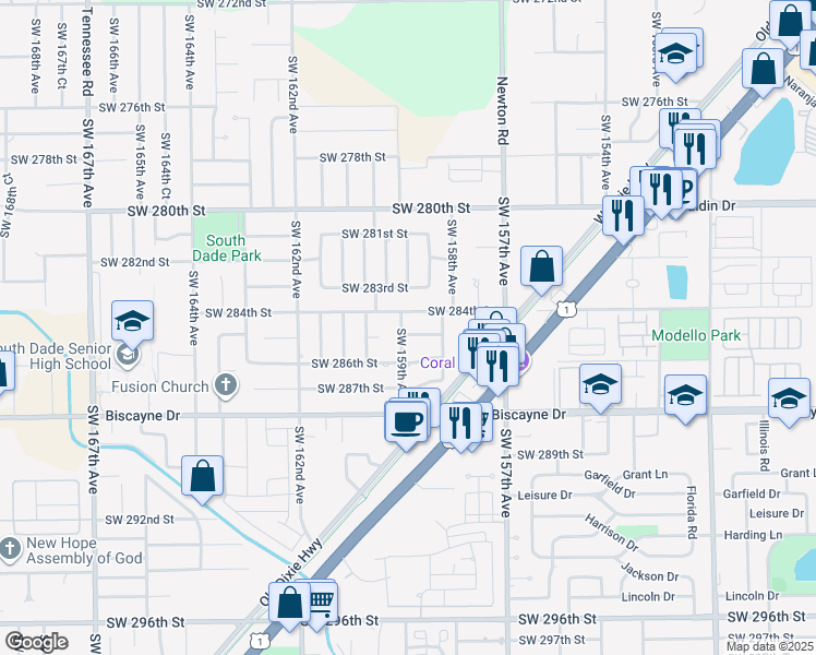 map of restaurants, bars, coffee shops, grocery stores, and more near 15901 Southwest 284th Street in Homestead