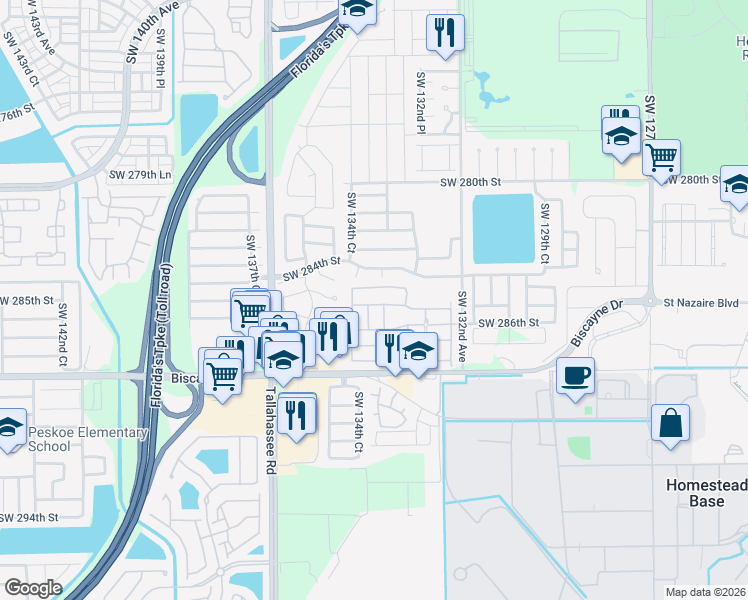 map of restaurants, bars, coffee shops, grocery stores, and more near 28413 Southwest 133rd Path in Homestead