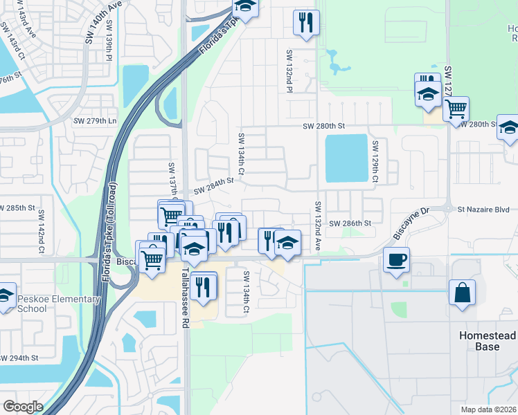 map of restaurants, bars, coffee shops, grocery stores, and more near 28413 Southwest 133rd Path in Homestead