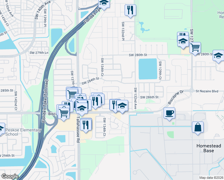 map of restaurants, bars, coffee shops, grocery stores, and more near 28413 Southwest 133rd Path in Homestead