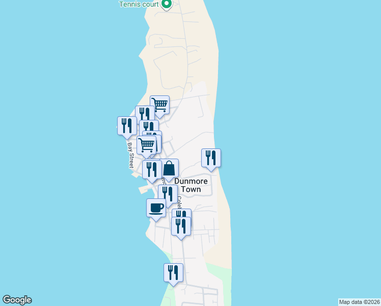 map of restaurants, bars, coffee shops, grocery stores, and more near Dunmore Street in Dunmore Town