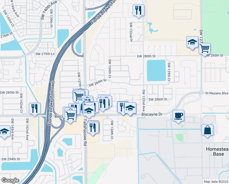 map of restaurants, bars, coffee shops, grocery stores, and more near 28426 Southwest 134th Court in Homestead