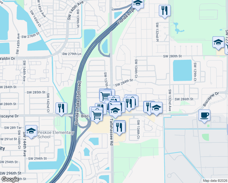 map of restaurants, bars, coffee shops, grocery stores, and more near 13632 Southwest 284th Terrace in Homestead