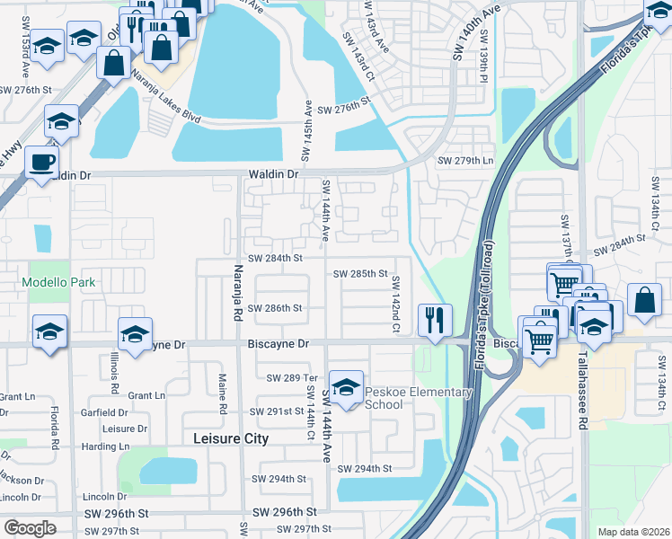 map of restaurants, bars, coffee shops, grocery stores, and more near 14360 Southwest 284th Street in Homestead