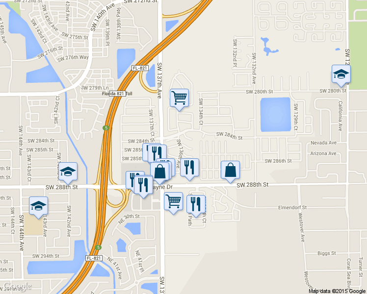 map of restaurants, bars, coffee shops, grocery stores, and more near 13573 Southwest 285th Terrace in Homestead
