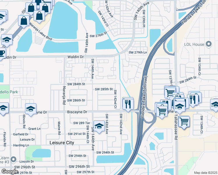 map of restaurants, bars, coffee shops, grocery stores, and more near 14290 Southwest 284th Street in Homestead