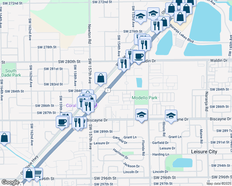 map of restaurants, bars, coffee shops, grocery stores, and more near 15400 Southwest 284th Street in Homestead