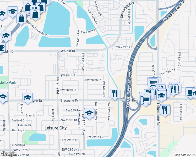 map of restaurants, bars, coffee shops, grocery stores, and more near 14290 Southwest 284th Street in Homestead