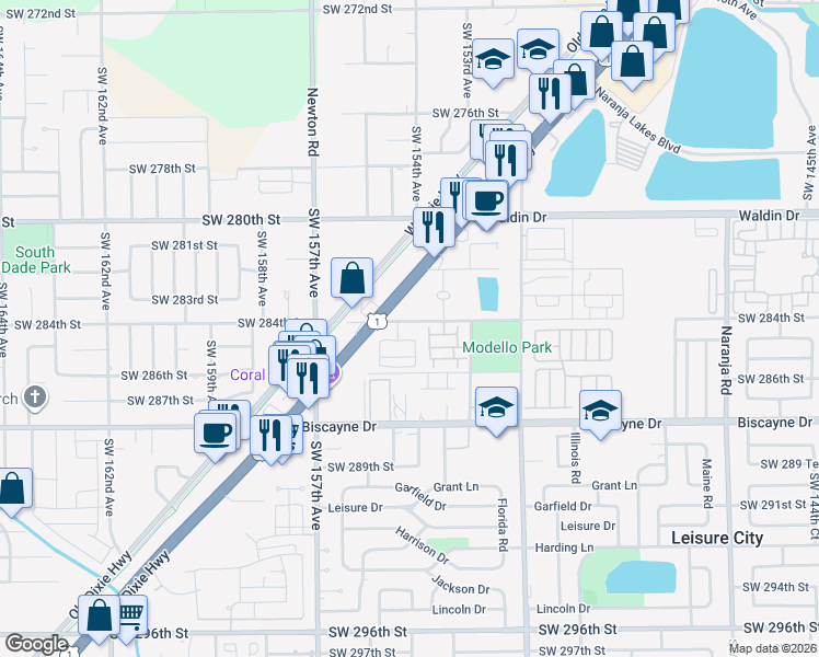 map of restaurants, bars, coffee shops, grocery stores, and more near 15480 Southwest 284th Street in Homestead